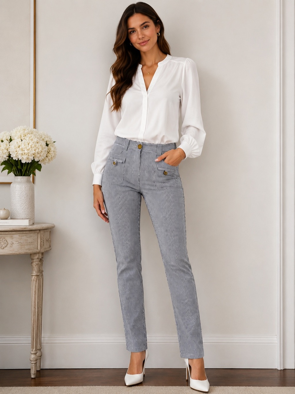 Tory Burch Navy and White Striped Button Detail Women Trousers size 8